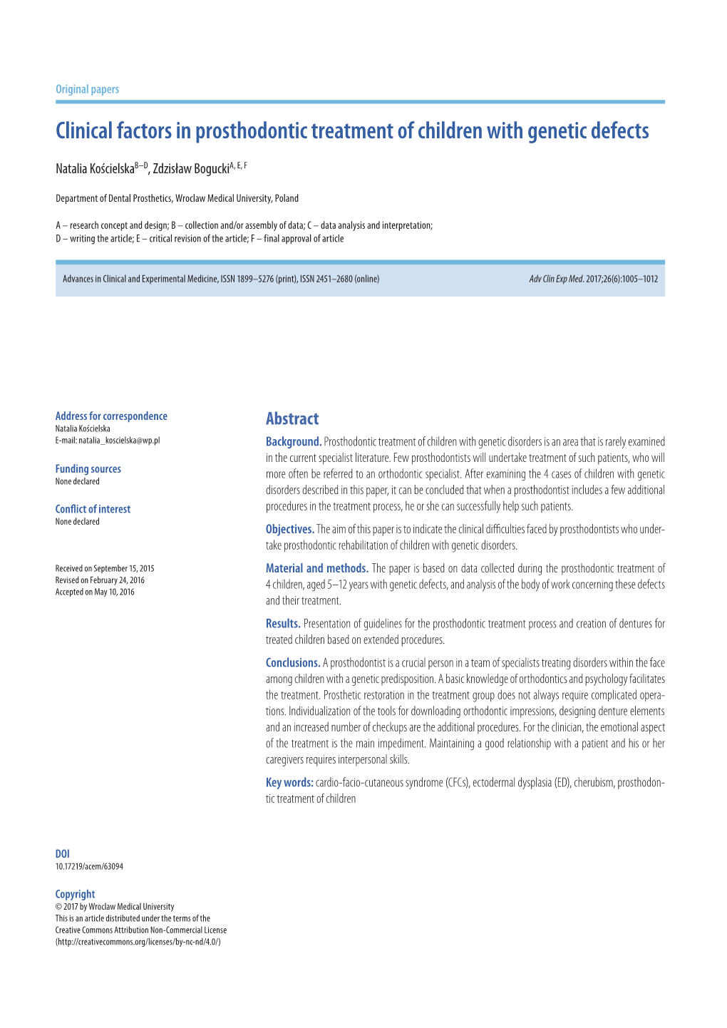 Clinical Factors in Prosthodontic Treatment of Children with Genetic Defects