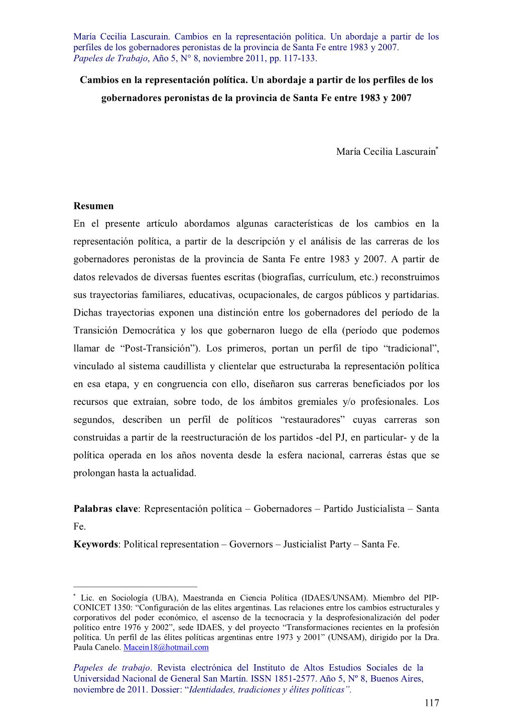 117 Cambios En La Representación Política. Un Abordaje a Partir De Los