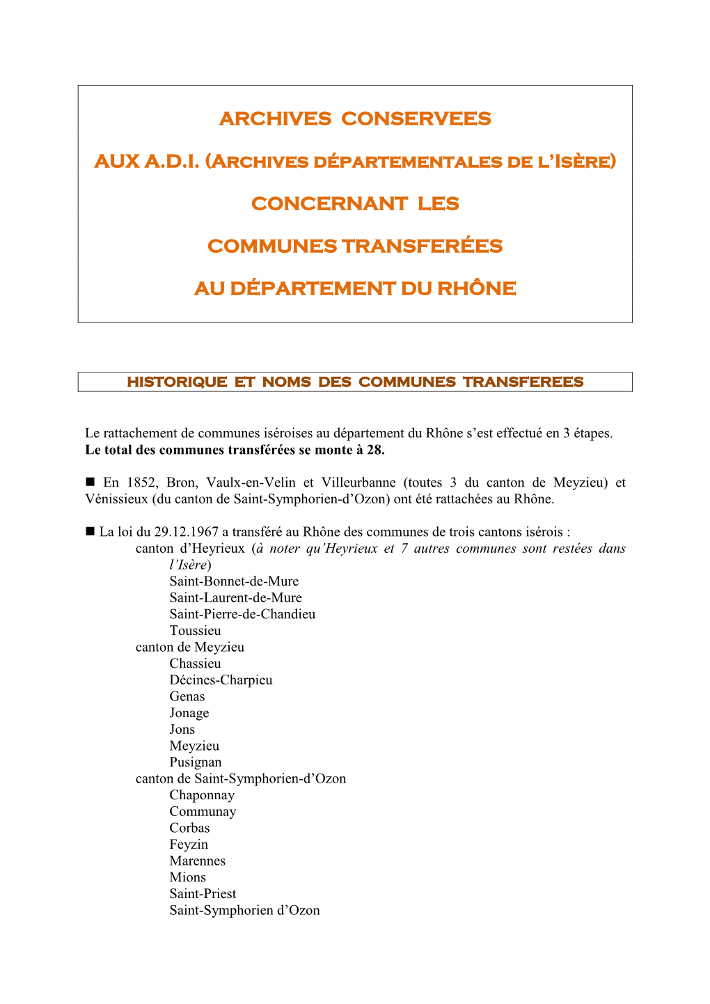 Liste Des Communes Transférées Au Département Du Rhône