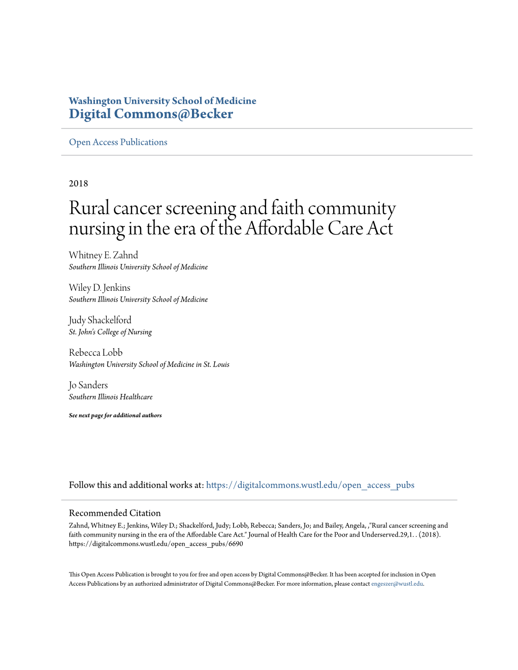 Rural Cancer Screening and Faith Community Nursing in the Era of the Affordable Care Act Whitney E