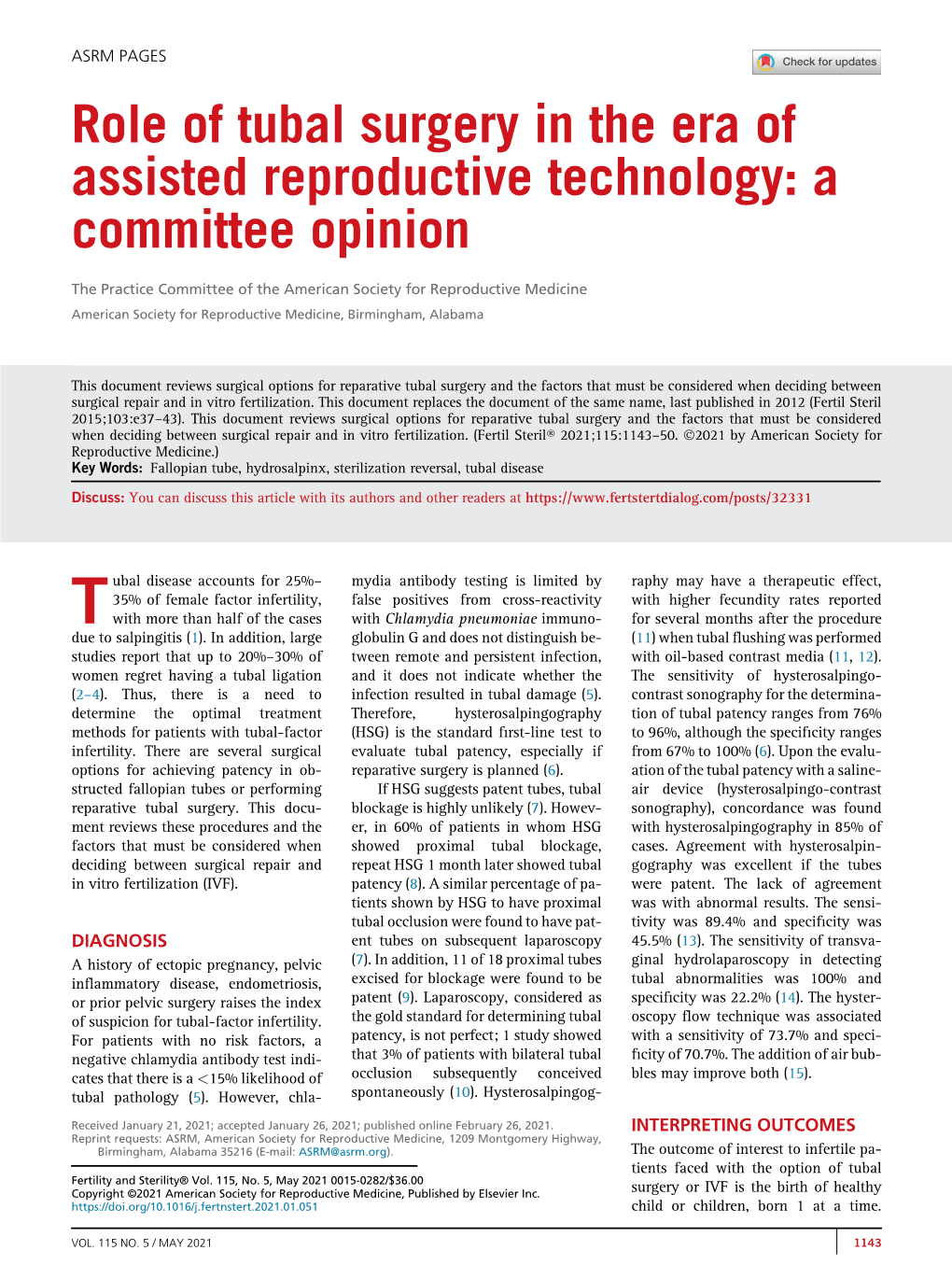 Role of Tubal Surgery in the Era of Assisted Reproductive Technology: a Committee Opinion