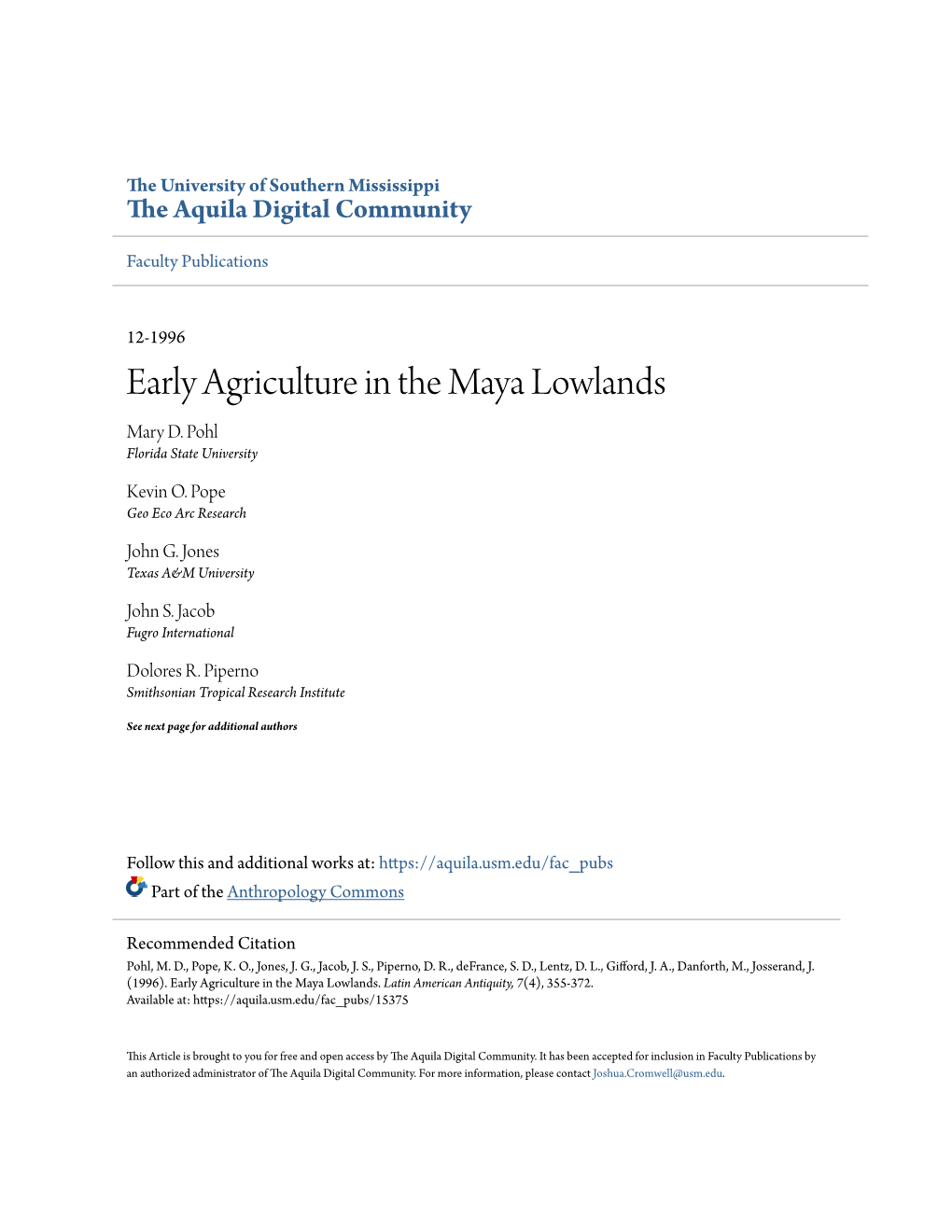 Early Agriculture in the Maya Lowlands Mary D