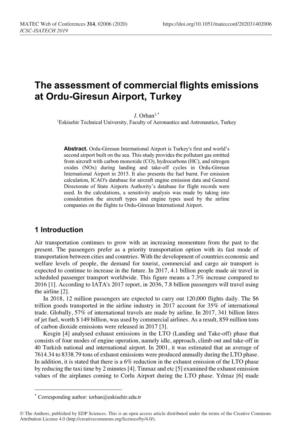 The Assessment of Commercial Flights Emissions at Ordu-Giresun Airport, Turkey