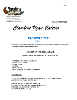 CU Catering Passover 2021 Menus and Arrangements