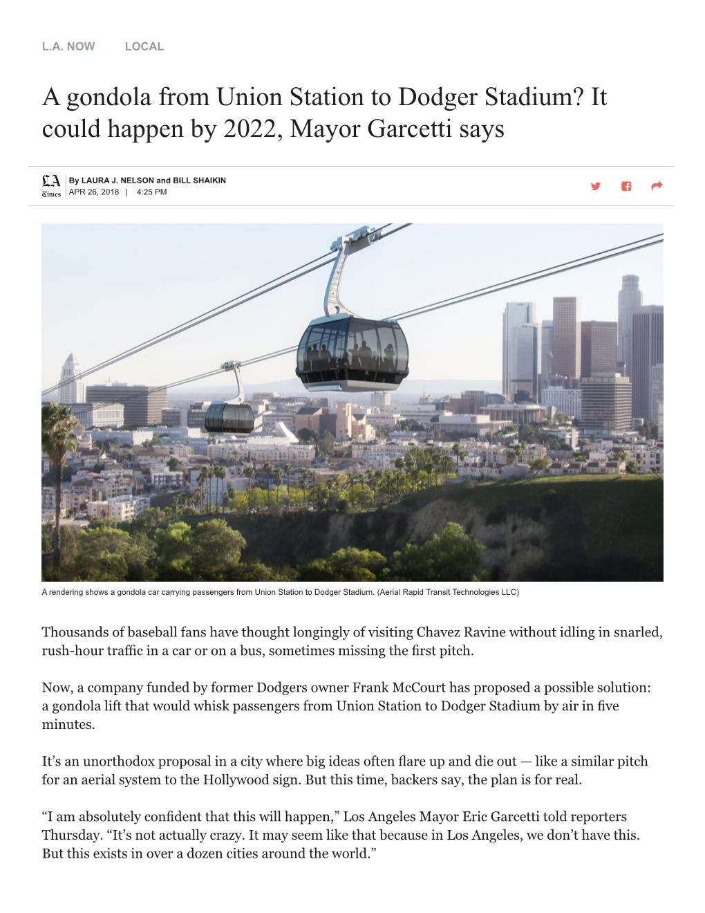 A Gondola from Union Station to Dodger Stadium? It Could Happen by 2022, Mayor Garcetti Says