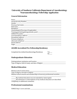 Neuroanesthesia Fellowship Application