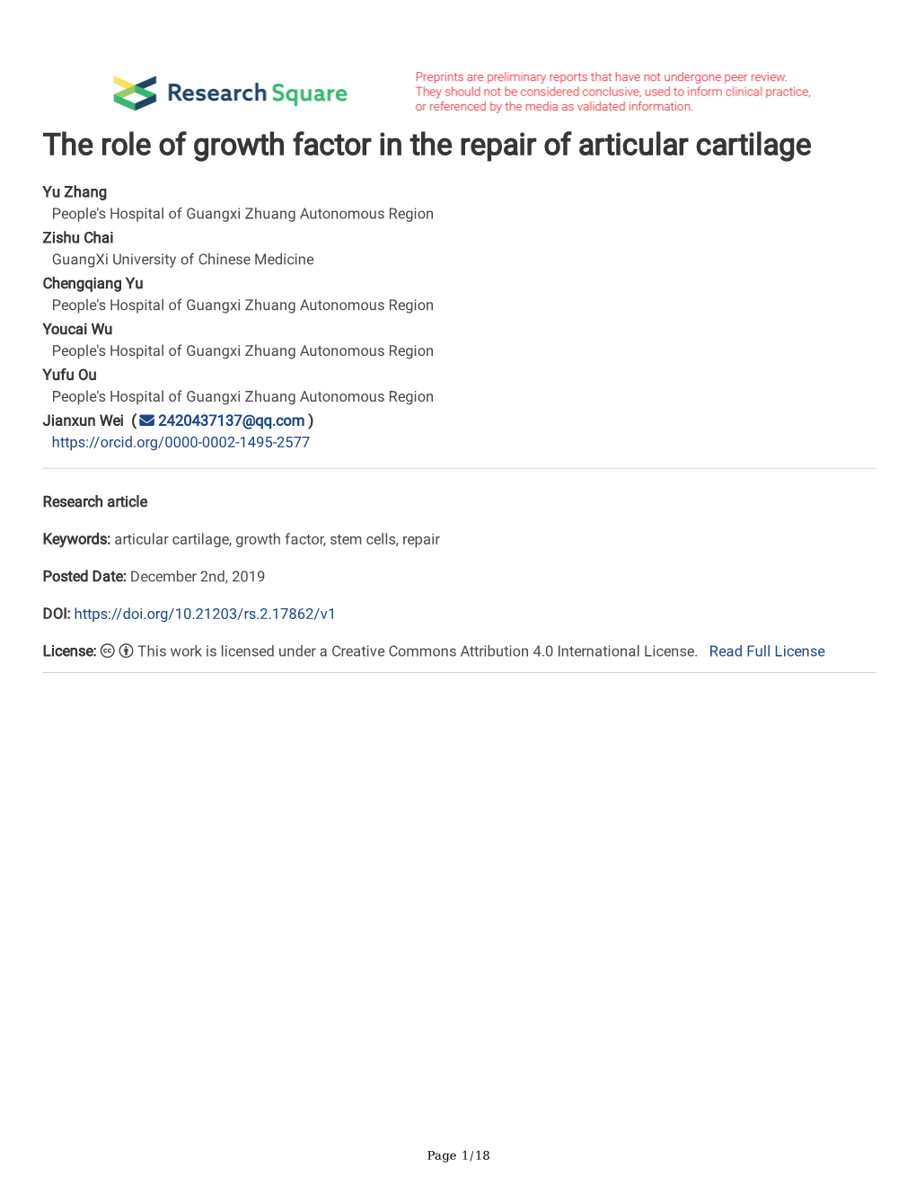 The Role of Growth Factor in the Repair of Articular Cartilage