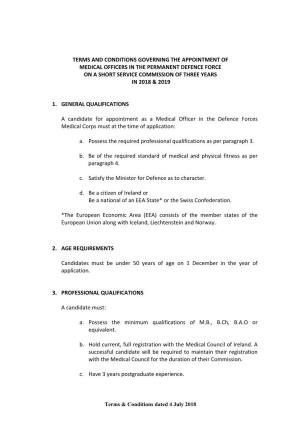 Terms and Conditions Governing the Appointment of Medical Officers in the Permanent Defence Force on a Short Service Commission of Three Years in 2018 & 2019