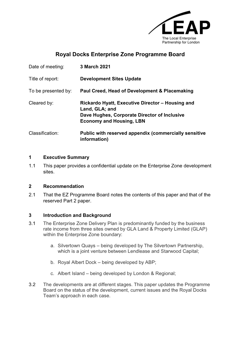 Royal Docks Enterprise Zone Programme Board