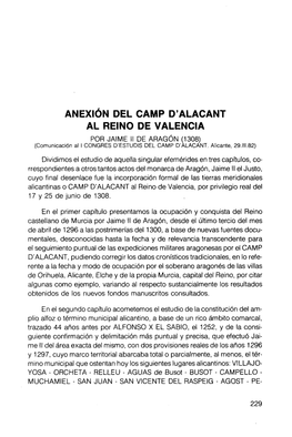 ANEXIÓN DEL CAMP D'alacant AL REINO DE VALENCIA POR JAIME II DE ARAGÓN (1308) (Comunicación Al I CONGRES D'estudis DEL CAMP D'alacant