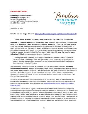 for IMMEDIATE RELEASE Pasadena Symphony Association Pasadena Symphony & POPS Contact: Marisa Mccarthy Mmccarthy@Pasaden