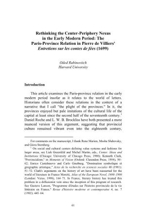 Rethinking the Center-Periphery Nexus in the Early Modern Period: the Paris-Province Relation in Pierre De Villiers' Entretiens Sur Les Contes De Fées (1699)