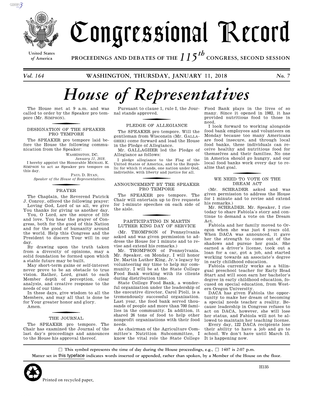 Congressional Record United States Th of America PROCEEDINGS and DEBATES of the 115 CONGRESS, SECOND SESSION