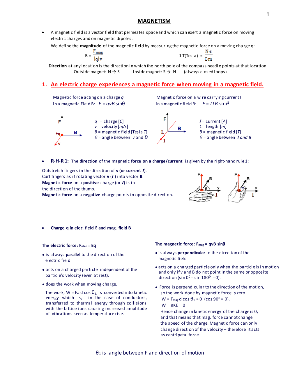 MAGNETISM 1. an Electric Charge Experiences a Magnetic Force When Moving in a Magnetic Field