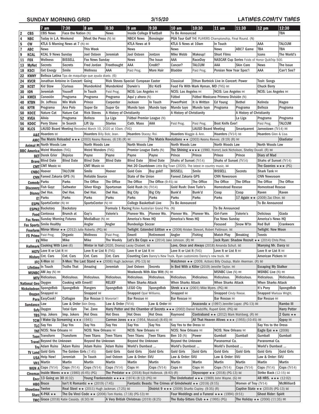 Sunday Morning Grid 3/15/20 Latimes.Com/Tv Times