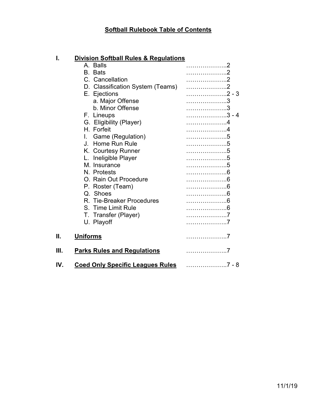 Softball Rulebook Table of Contents