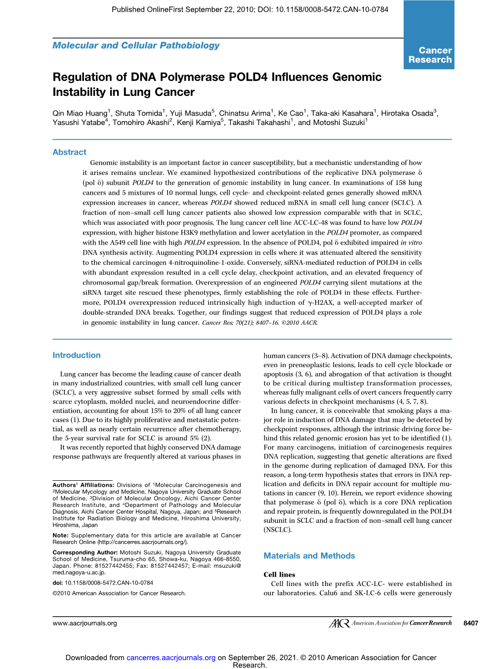 Regulation of DNA Polymerase POLD4 Influences Genomic Instability in Lung Cancer