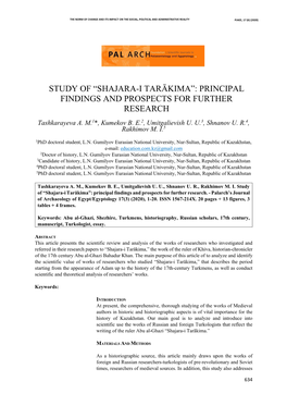 Study of “Shajara-I Tarākima”: Principal Findings and Prospects for Further Research