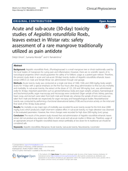 Acute and Sub-Acute (30-Day) Toxicity Studies of Aegialitis Rotundifolia
