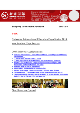 Shinyway International Newsletter SPRING 2010