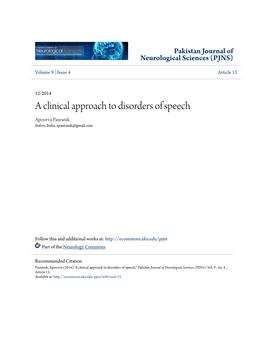 A Clinical Approach to Disorders of Speech Apoorva Pauranik Indore, India, Apauranik@Gmail.Com