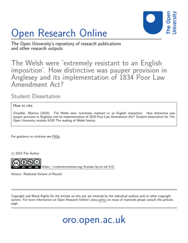 How Distinctive Was Pauper Provision in Anglesey and Its Implementation of 1834 Poor Law Amendment Act? Student Dissertation