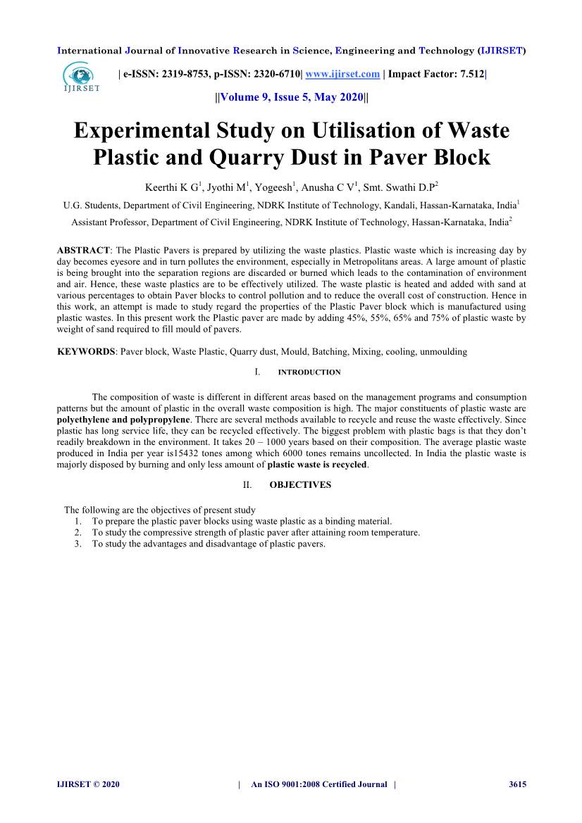 Experimental Study on Utilisation of Waste Plastic and Quarry Dust in Paver Block
