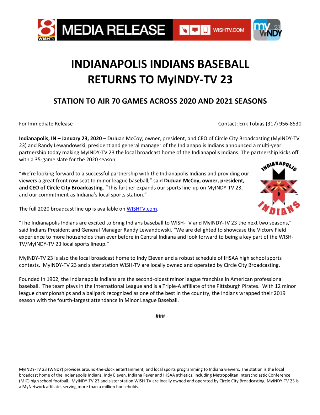 INDIANAPOLIS INDIANS BASEBALL RETURNS to Myindy-TV 23