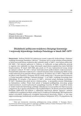 Działalność Polityczno-Wojskowa Chorążego Koronnego I Wojewody Kijowskiego Andrzeja Potockiego W Latach 1667–1673*