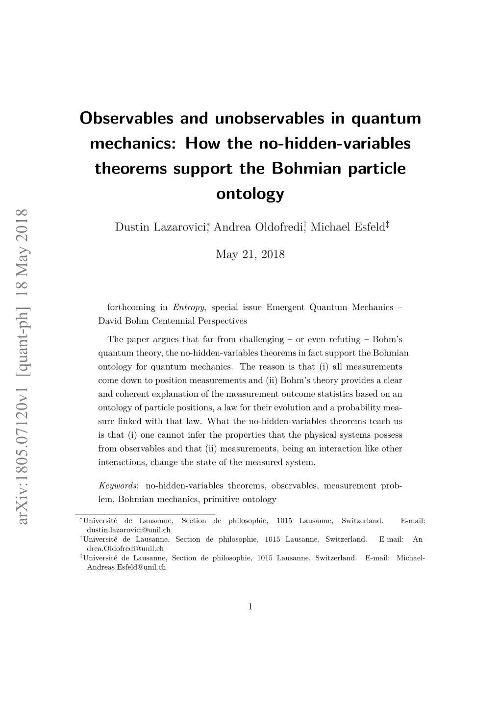 Observables and Unobservables in Quantum Mechanics: How the No-Hidden-Variables Theorems Support the Bohmian Particle Ontology