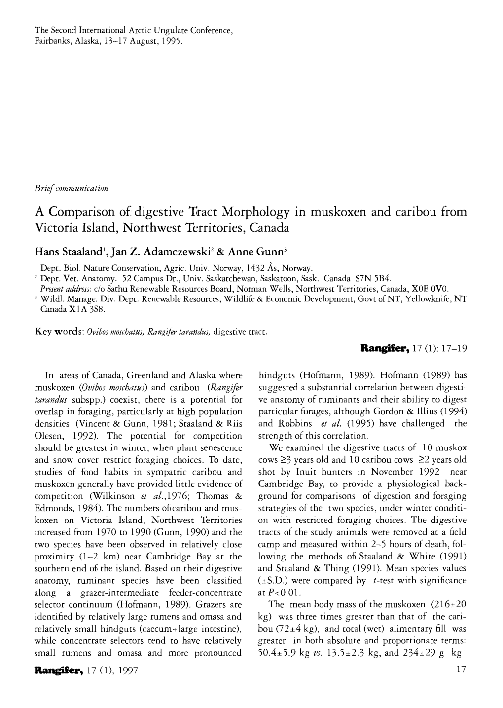 A Comparison of Digestive Tract Morphology in Muskoxen and Caribou from Victoria Island, Northwest Territories, Canada