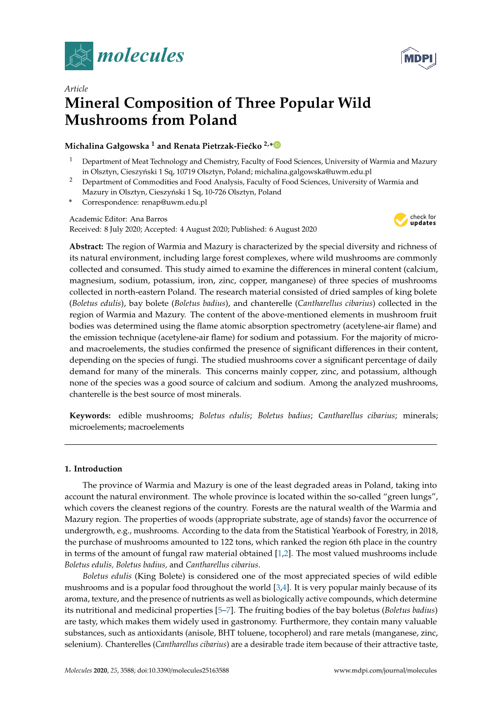 Mineral Composition of Three Popular Wild Mushrooms from Poland