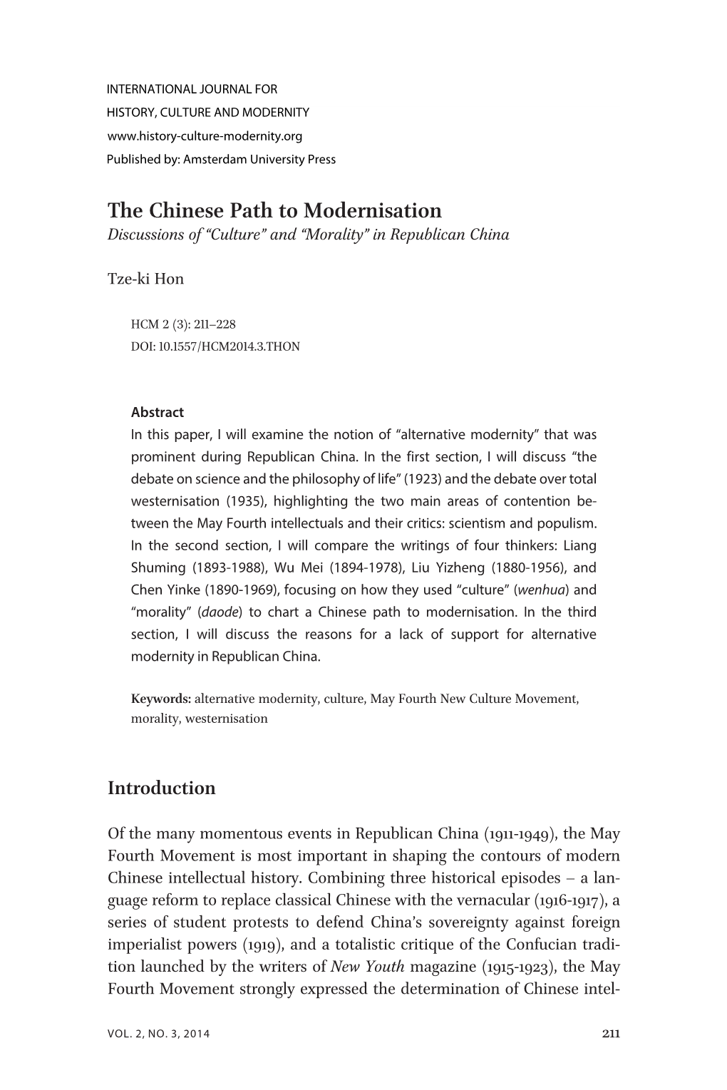 The Chinese Path to Modernisation Discussions of “Culture” and “Morality” in Republican China