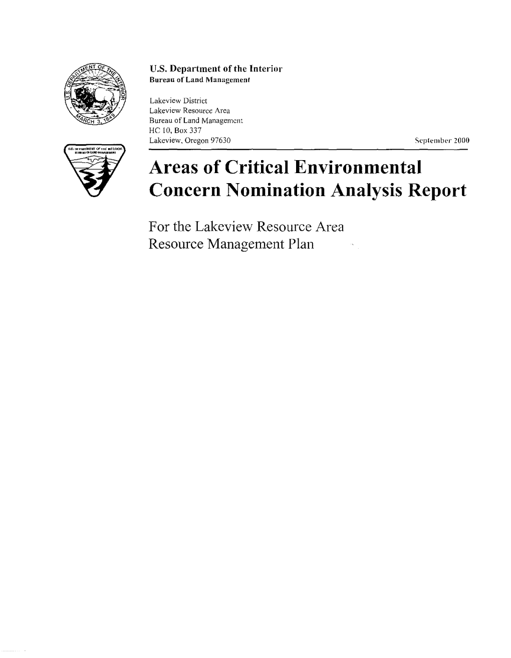 Areas of Critical Environmental Concern Nomination Evaluation