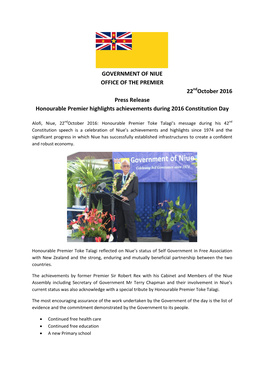 GOVERNMENT of NIUE OFFICE of the PREMIER 22 October 2016 Press Release Honourable Premier Highlights Achievements During 2016 Co