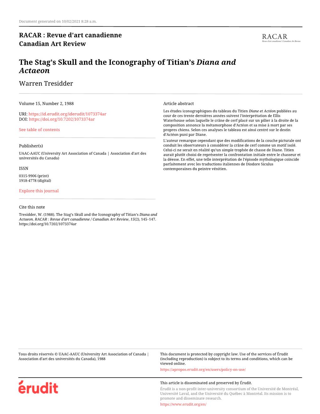 ﻿The Stag's Skull and the Iconography of Titian's Diana and Actaeon