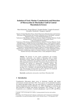 Isolation of Toxic Marine Cyanobacteria and Detection of Microcystins in Thermaikos Gulf in Central Macedonia in Greece