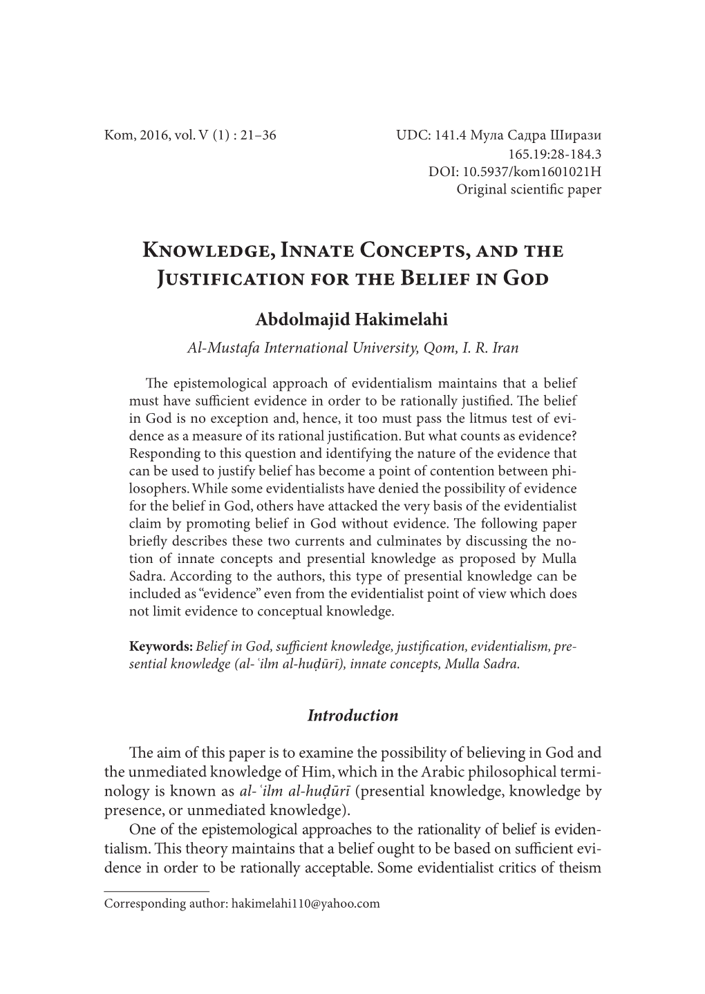 Knowledge, Innate Concepts, and the Justification for the Belief in God