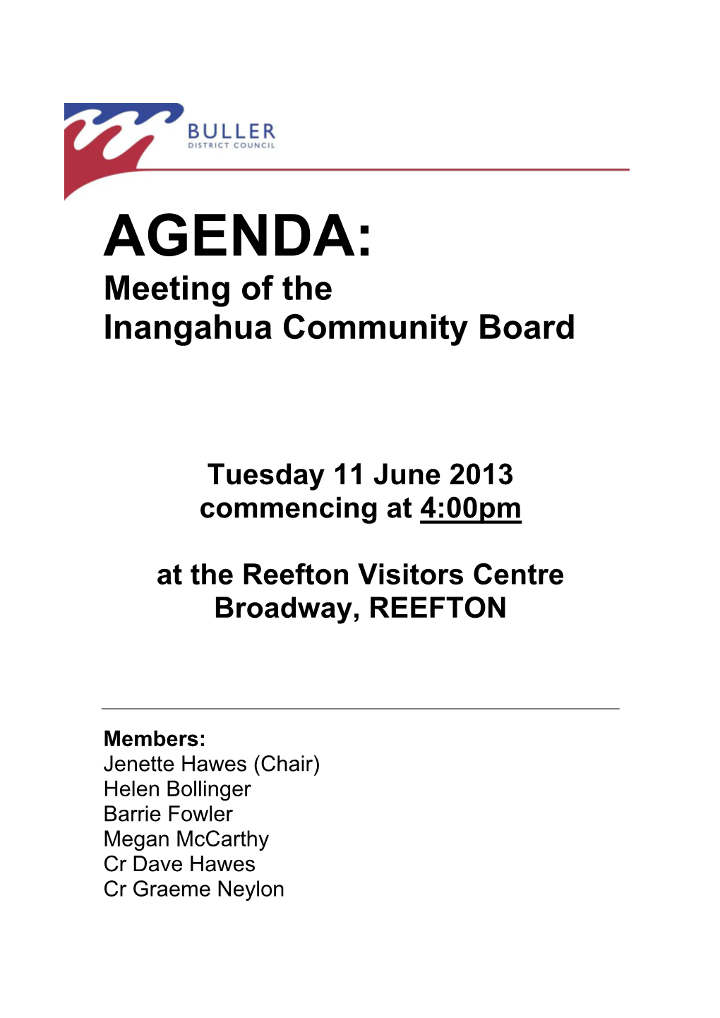 AGENDA: Meeting of the Inangahua Community Board