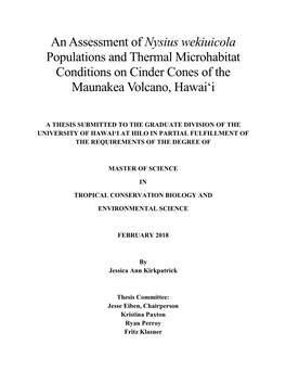 An Assessment of Nysius Wekiuicola Populations and Thermal Microhabitat Conditions on Cinder Cones of the Maunakea Volcano, Hawai‘I