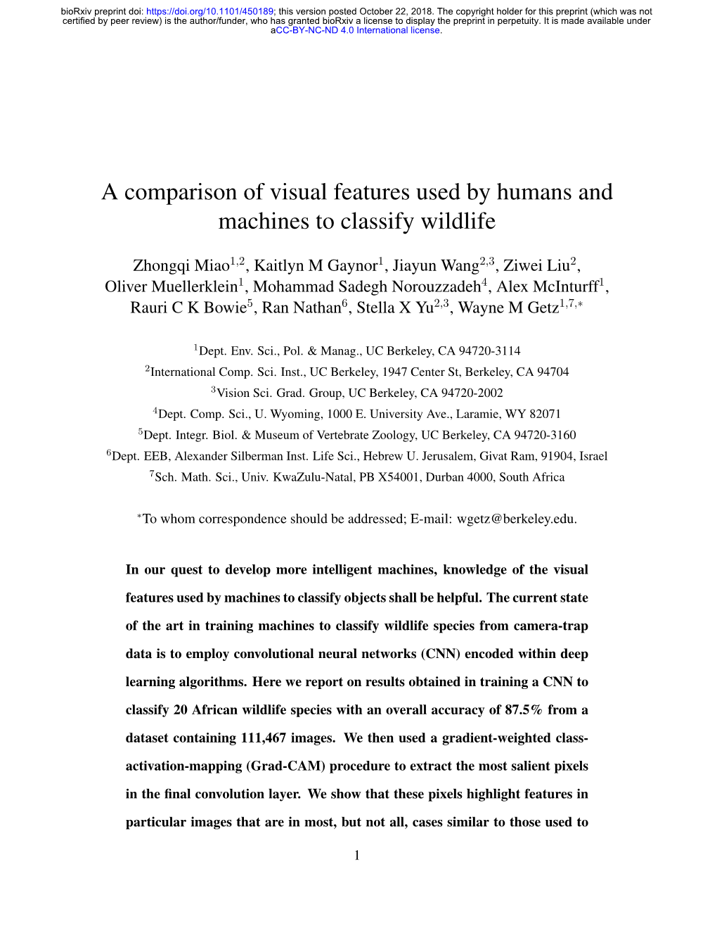 A Comparison of Visual Features Used by Humans and Machines to Classify Wildlife