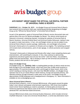 Avis Budget Group Named the Official Car Rental Partner of Universal Parks & Resorts
