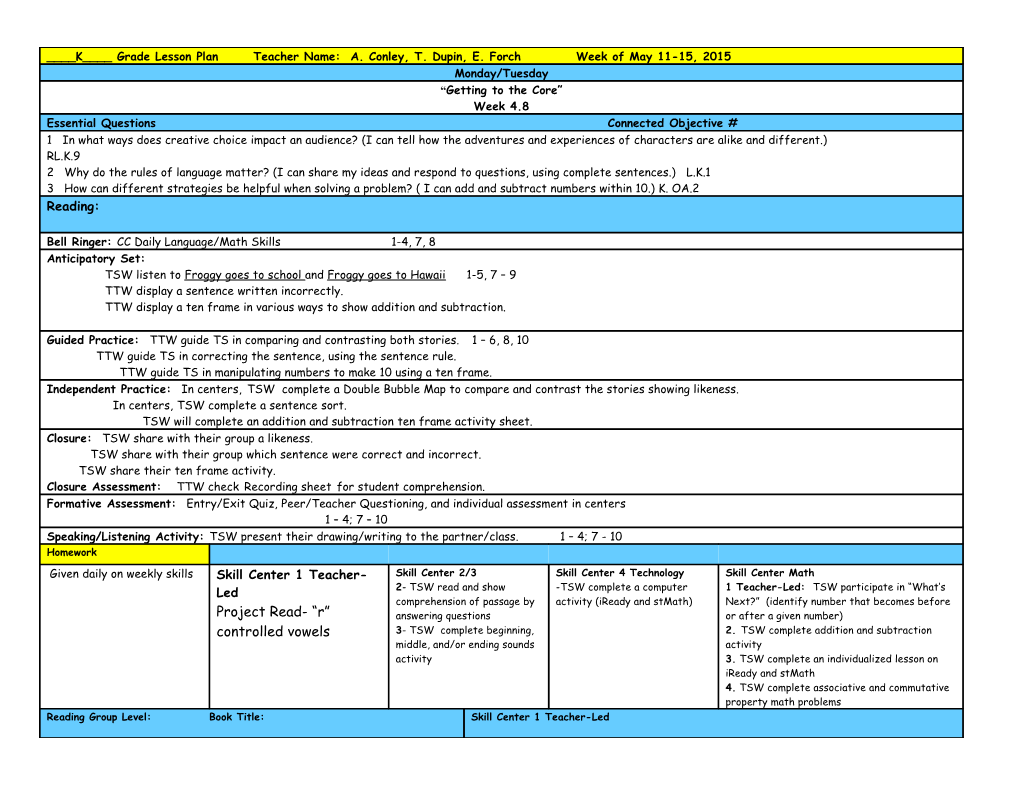 ____5____ Grade Lesson Plan Teacher Name Evans Week of August 26-30