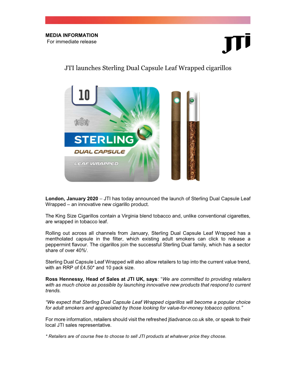 JTI Launches Sterling Dual Capsule Leaf Wrapped Cigarillos
