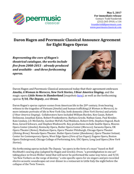 Daron Hagen and Peermusic Classical Announce Agreement for Eight Hagen Operas