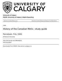 History of the Canadian Metis : Study Guide