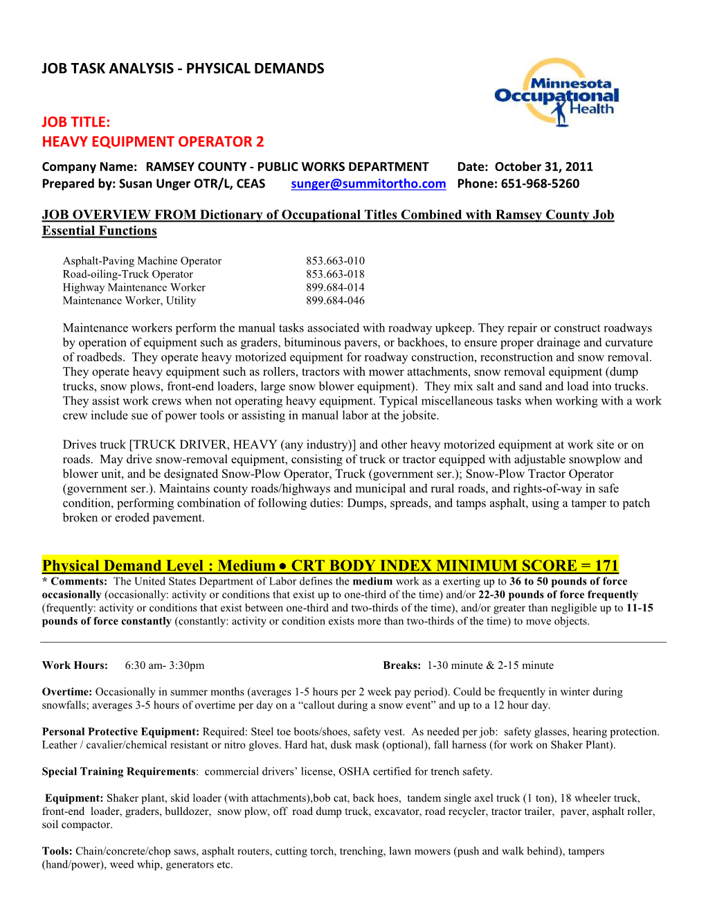 HEAVY EQUIPMENT OPERATOR 2 Physical Demand Level