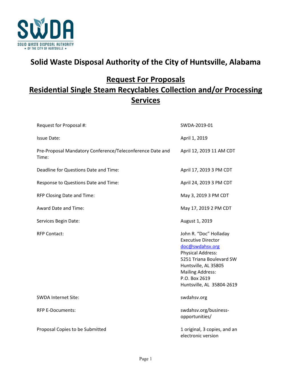 Solid Waste Disposal Authority of the City of Huntsville, Alabama Request