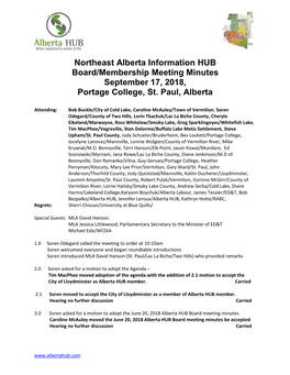 Northeast Alberta Information HUB Board/Membership Meeting Minutes September 17, 2018, Portage College, St