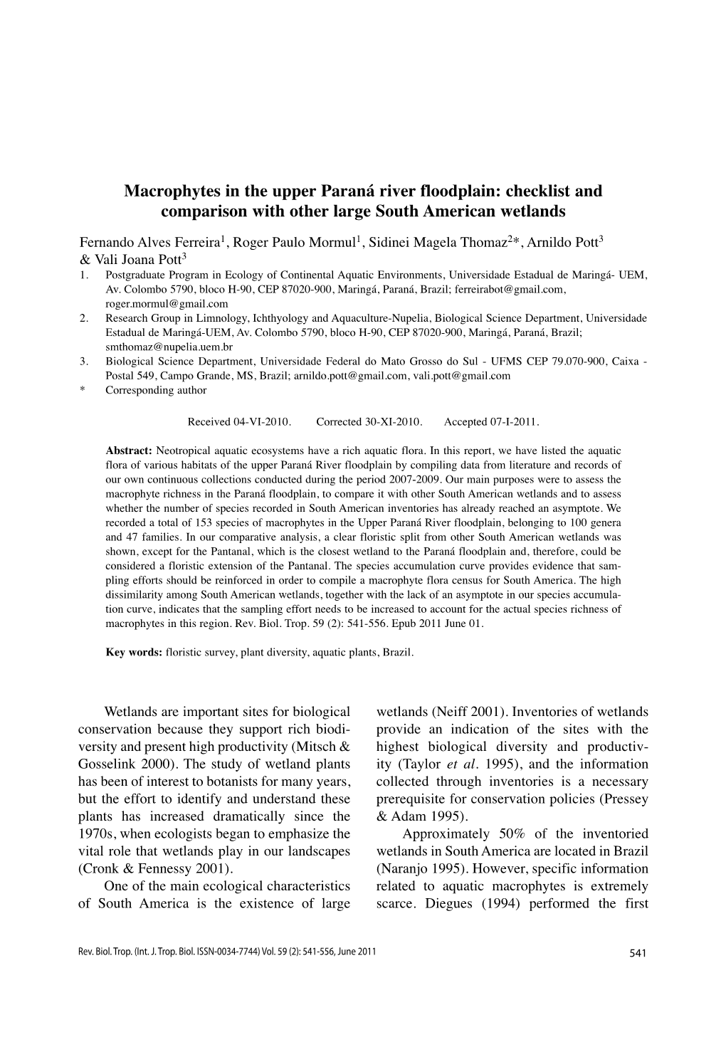 Macrophytes in the Upper Paraná River Floodplain: Checklist and Comparison with Other Large South American Wetlands